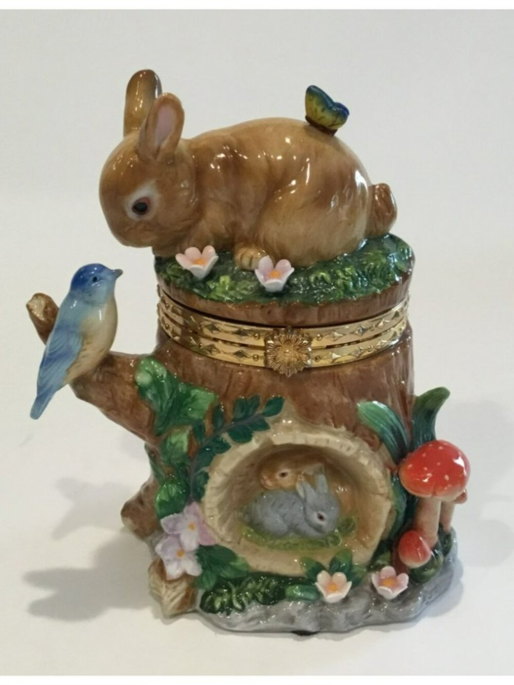 CWC 6.5" Ceramic Trinket Box Tree Stump Easter Bunny Rabbit Bird Butterfly - Picture 2 of 9